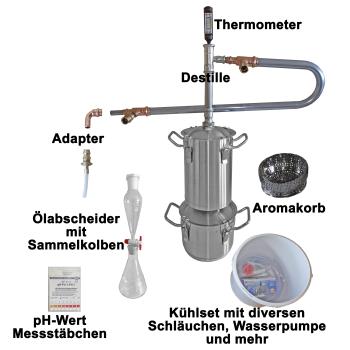 Destille für ätherische Öle mit allem was man zum Destillieren, Sammeln, trennen und Analysieren braucht.Beschreibung der Einzelteile
