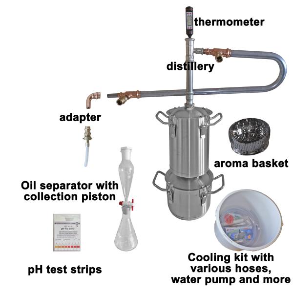 Distillery for essential oils with everything you need for distilling, collecting, separating and analysing. Description of individual parts
